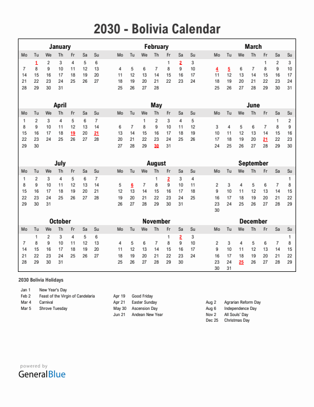 Year 2030 Simple Calendar With Holidays in Bolivia