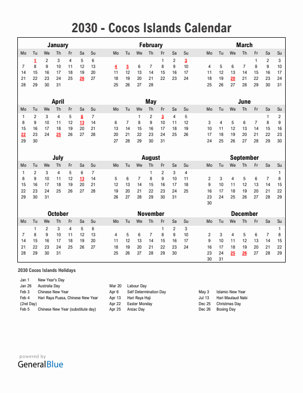 Year 2030 Simple Calendar With Holidays in Cocos Islands