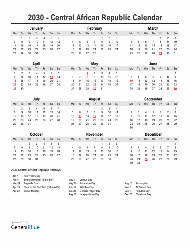 Year 2030 Simple Calendar With Holidays in Central African Republic