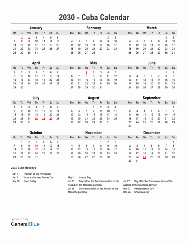 Year 2030 Simple Calendar With Holidays in Cuba