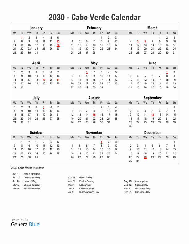 Year 2030 Simple Calendar With Holidays in Cabo Verde