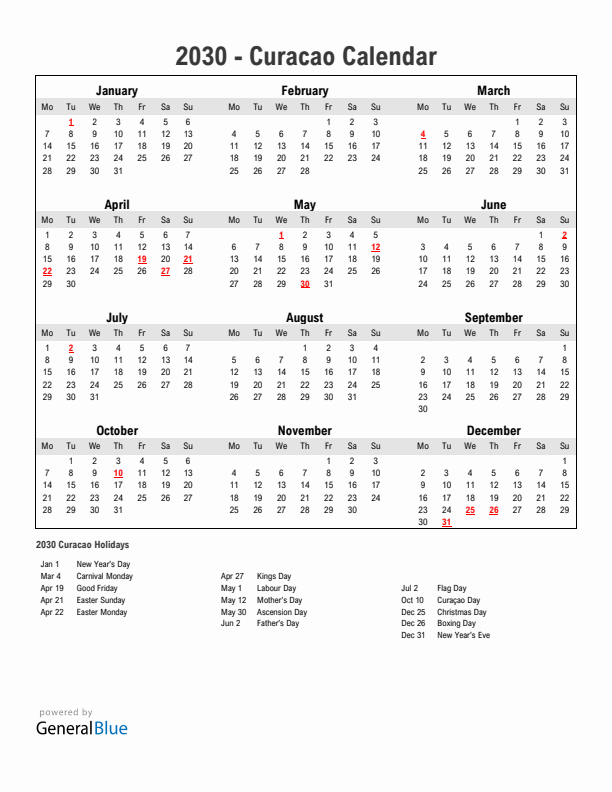 Year 2030 Simple Calendar With Holidays in Curacao