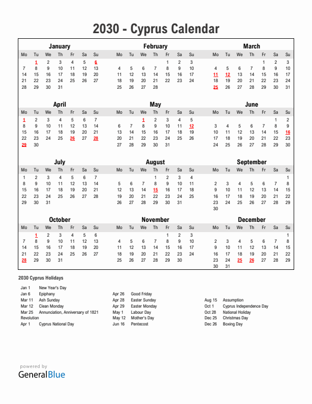 Year 2030 Simple Calendar With Holidays in Cyprus
