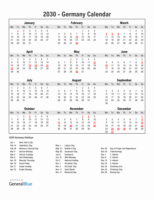 Year 2030 Simple Calendar With Holidays in Germany