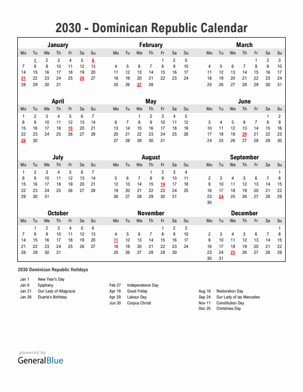 Year 2030 Simple Calendar With Holidays in Dominican Republic
