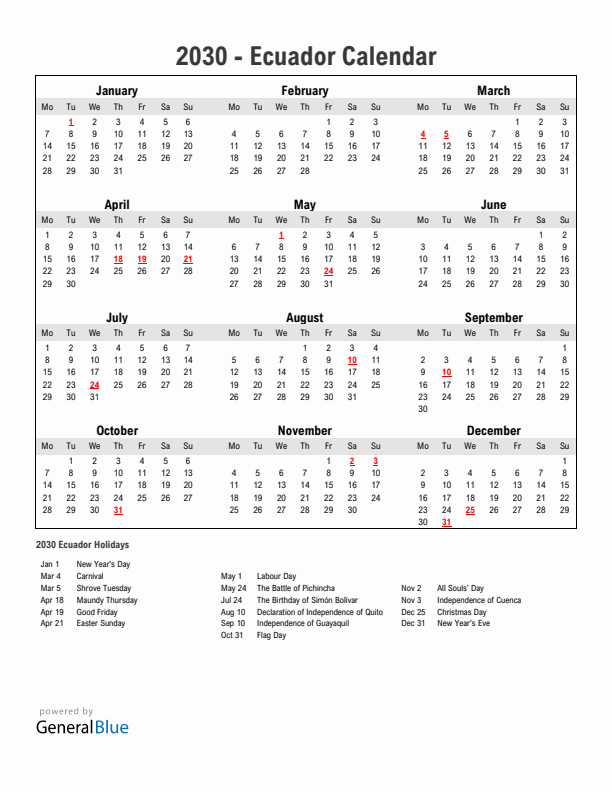 Year 2030 Simple Calendar With Holidays in Ecuador