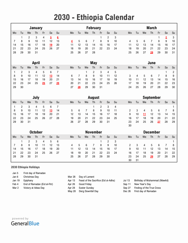 Year 2030 Simple Calendar With Holidays in Ethiopia