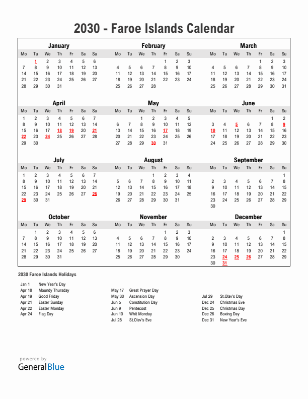 Year 2030 Simple Calendar With Holidays in Faroe Islands