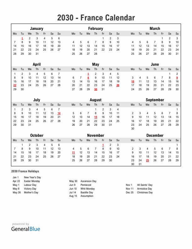 Year 2030 Simple Calendar With Holidays in France