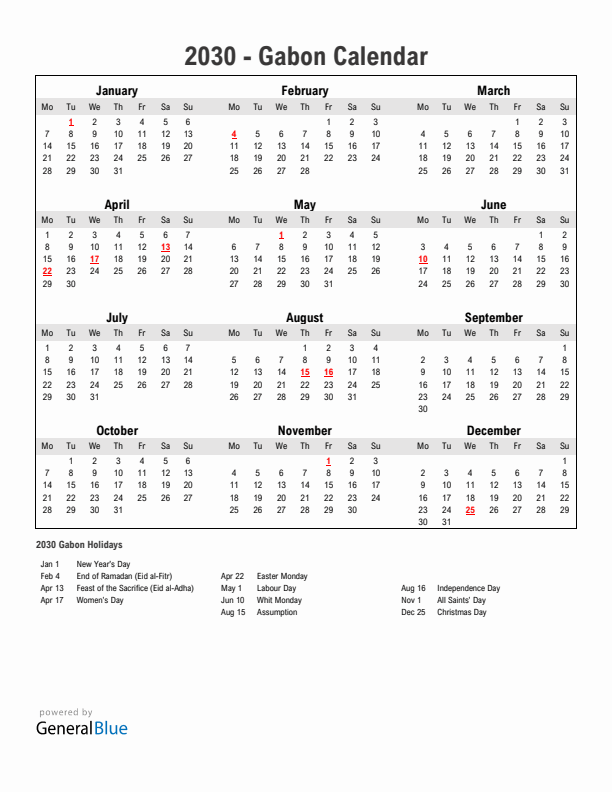 Year 2030 Simple Calendar With Holidays in Gabon