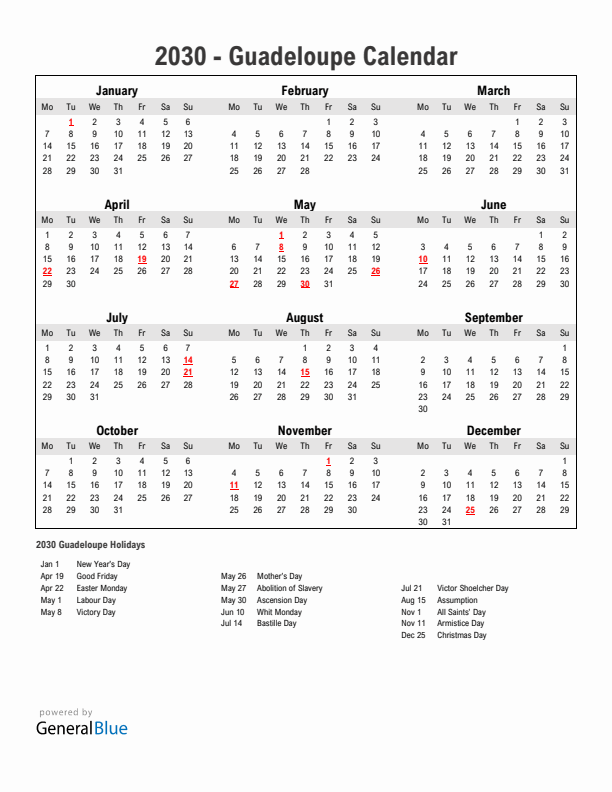 Year 2030 Simple Calendar With Holidays in Guadeloupe