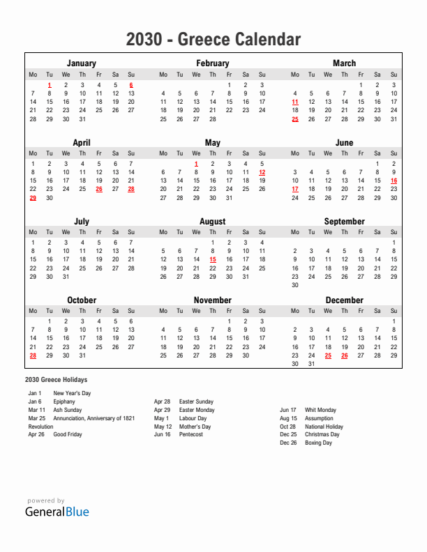 Year 2030 Simple Calendar With Holidays in Greece