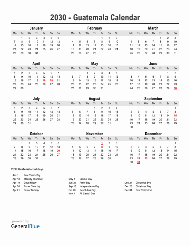 Year 2030 Simple Calendar With Holidays in Guatemala