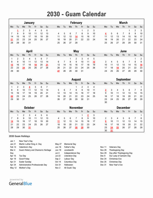 Year 2030 Simple Calendar With Holidays in Guam