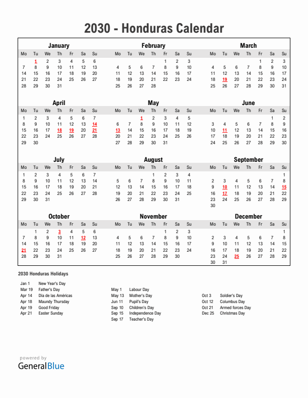 Year 2030 Simple Calendar With Holidays in Honduras