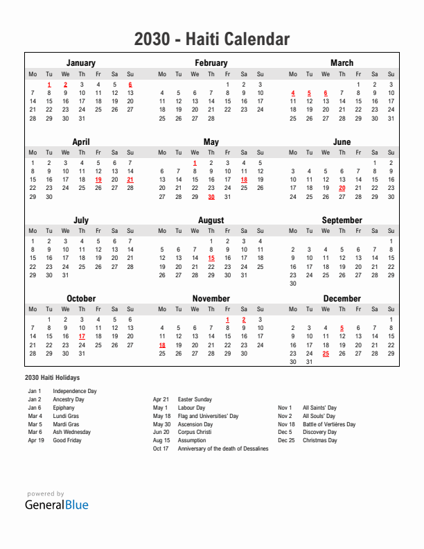 Year 2030 Simple Calendar With Holidays in Haiti