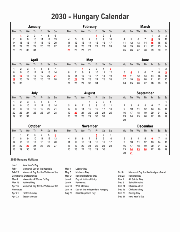 Year 2030 Simple Calendar With Holidays in Hungary