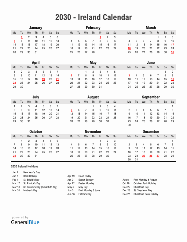 Year 2030 Simple Calendar With Holidays in Ireland