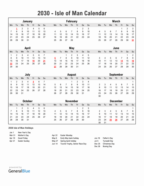 Year 2030 Simple Calendar With Holidays in Isle of Man