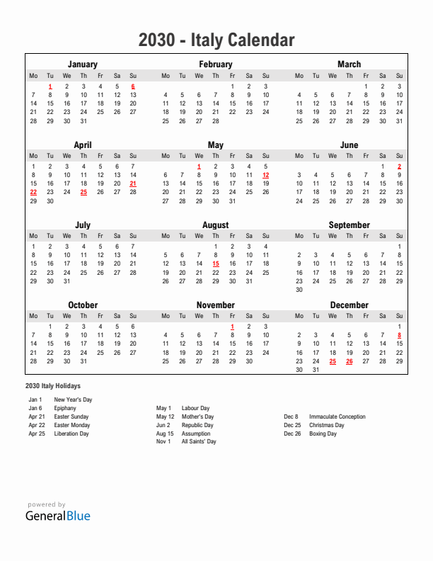 Year 2030 Simple Calendar With Holidays in Italy
