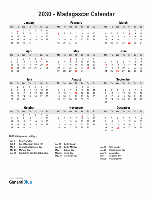 Year 2030 Simple Calendar With Holidays in Madagascar
