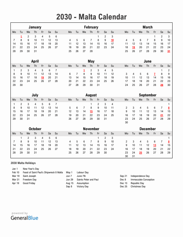 Year 2030 Simple Calendar With Holidays in Malta