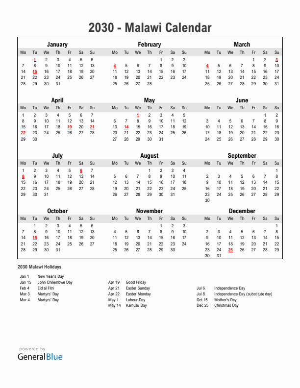 Year 2030 Simple Calendar With Holidays in Malawi
