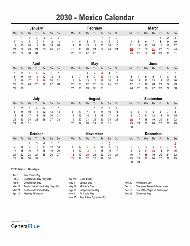 Year 2030 Simple Calendar With Holidays in Mexico