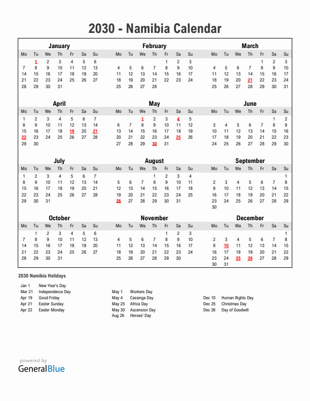 Year 2030 Simple Calendar With Holidays in Namibia