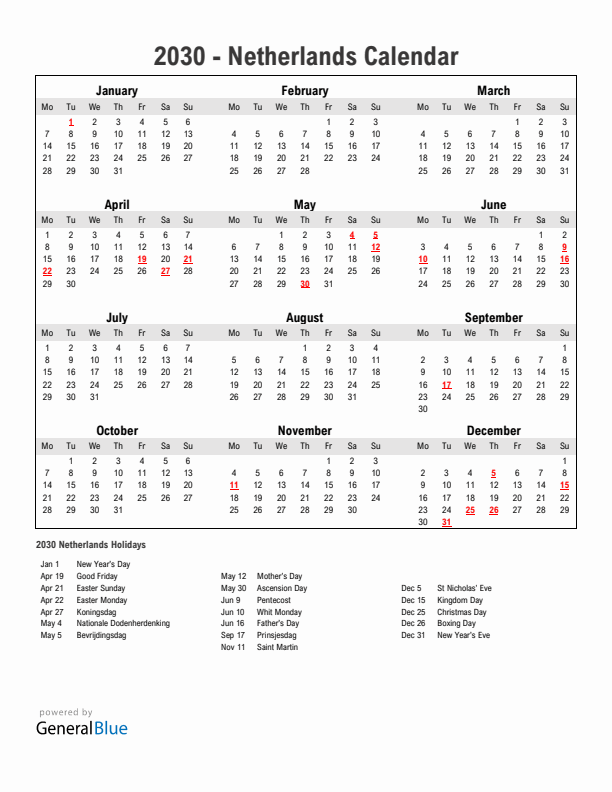 Year 2030 Simple Calendar With Holidays in The Netherlands