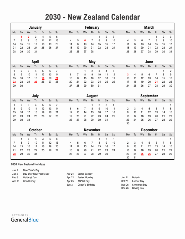 Year 2030 Simple Calendar With Holidays in New Zealand