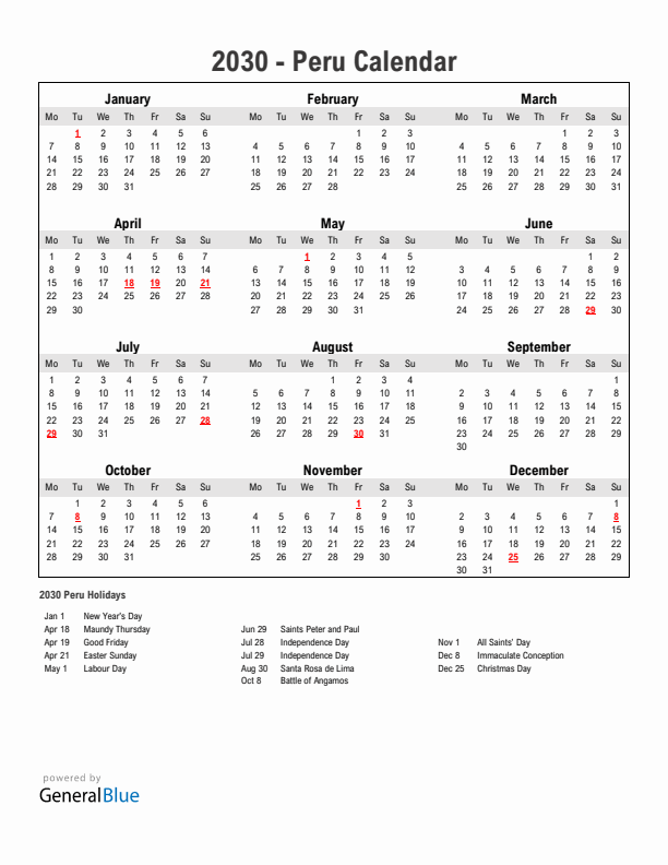 Year 2030 Simple Calendar With Holidays in Peru