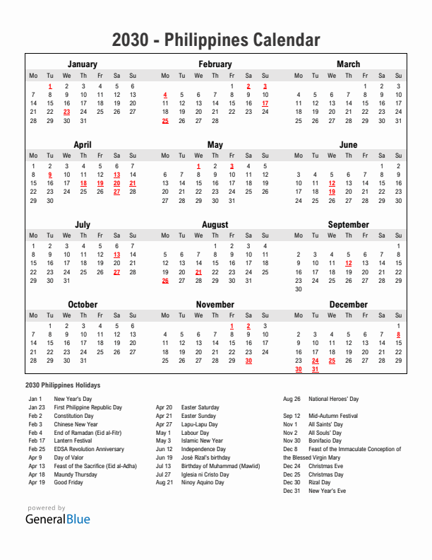 Year 2030 Simple Calendar With Holidays in Philippines