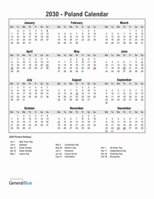 Year 2030 Simple Calendar With Holidays in Poland