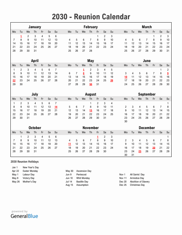 Year 2030 Simple Calendar With Holidays in Reunion