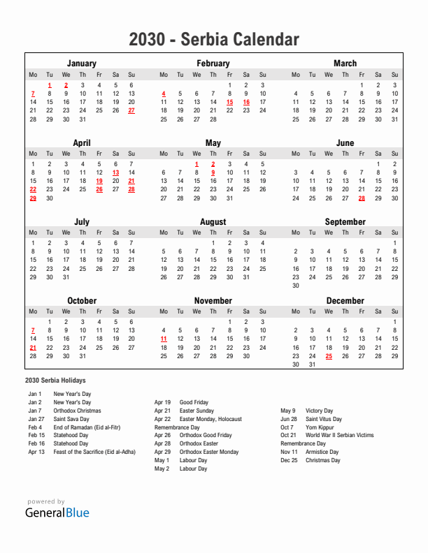 Year 2030 Simple Calendar With Holidays in Serbia