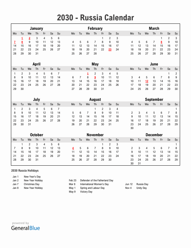 Year 2030 Simple Calendar With Holidays in Russia