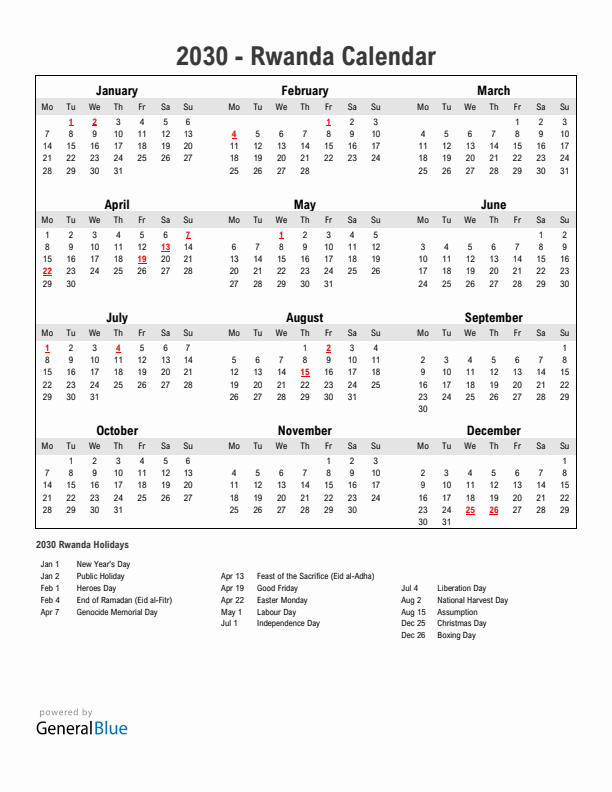 Year 2030 Simple Calendar With Holidays in Rwanda