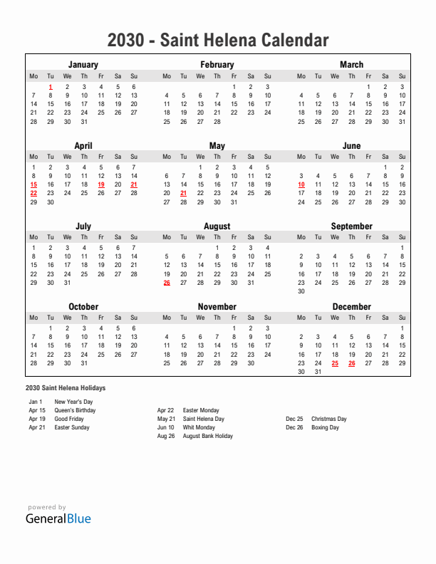 Year 2030 Simple Calendar With Holidays in Saint Helena