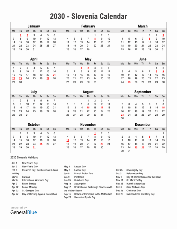 Year 2030 Simple Calendar With Holidays in Slovenia
