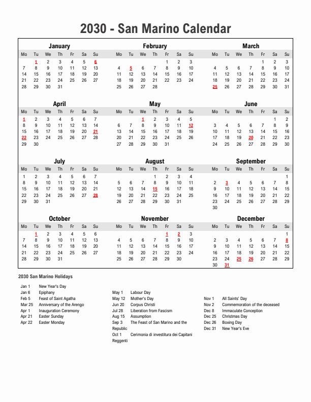 Year 2030 Simple Calendar With Holidays in San Marino