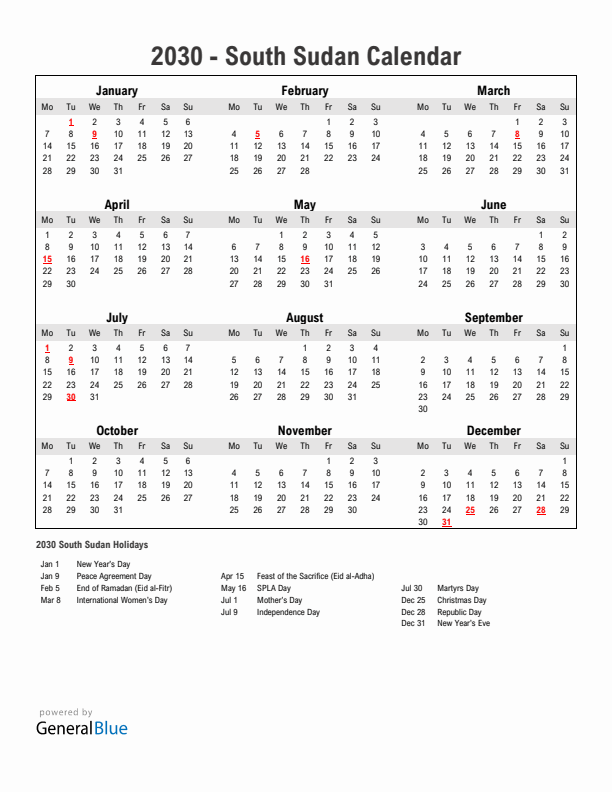 Year 2030 Simple Calendar With Holidays in South Sudan