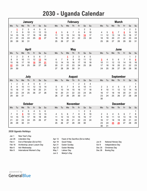 Year 2030 Simple Calendar With Holidays in Uganda