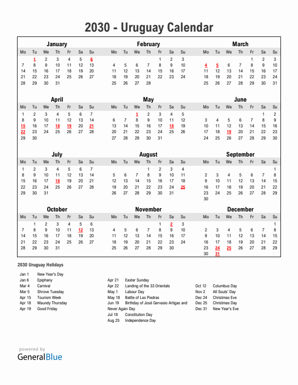 Year 2030 Simple Calendar With Holidays in Uruguay