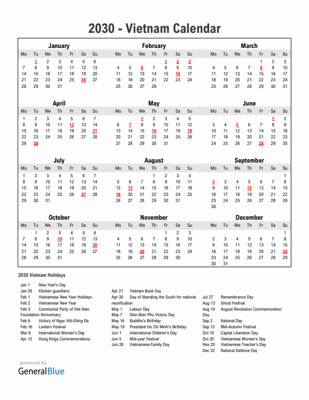 Year 2030 Simple Calendar With Holidays in Vietnam