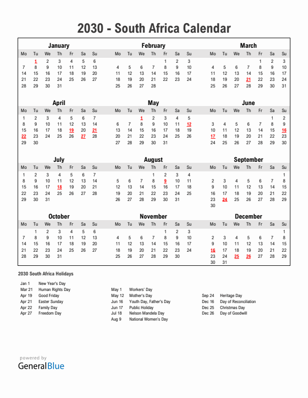 Year 2030 Simple Calendar With Holidays in South Africa