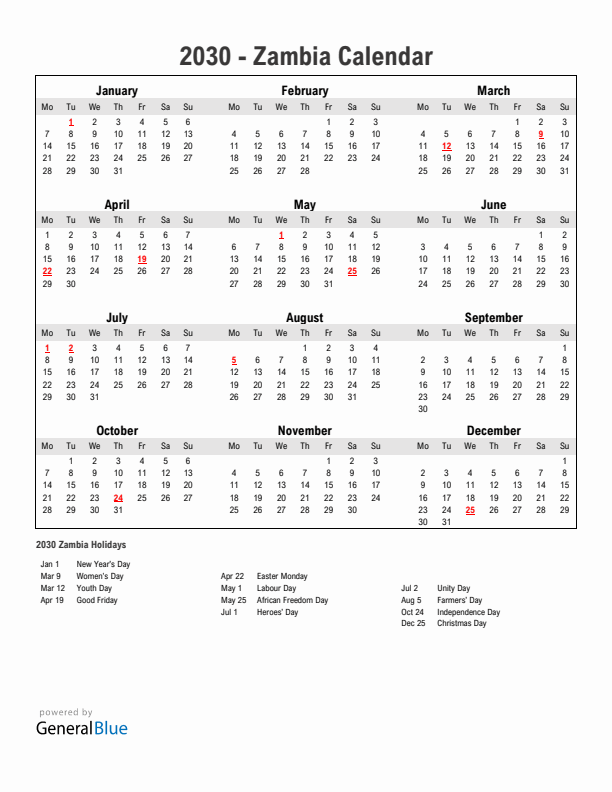 Year 2030 Simple Calendar With Holidays in Zambia