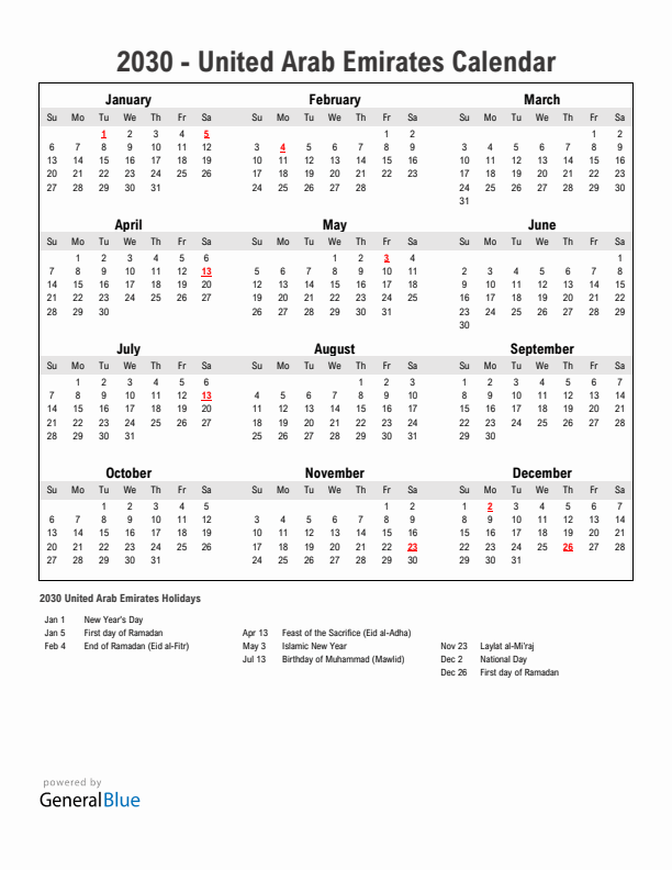 Year 2030 Simple Calendar With Holidays in United Arab Emirates