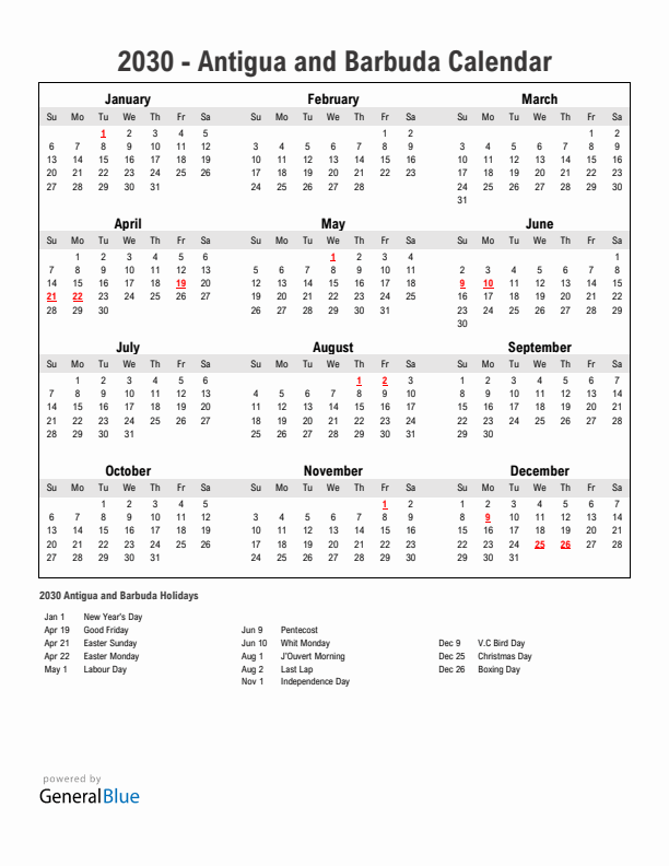 Year 2030 Simple Calendar With Holidays in Antigua and Barbuda