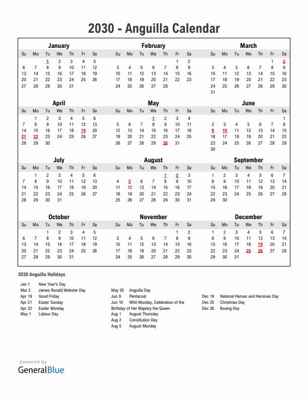 Year 2030 Simple Calendar With Holidays in Anguilla